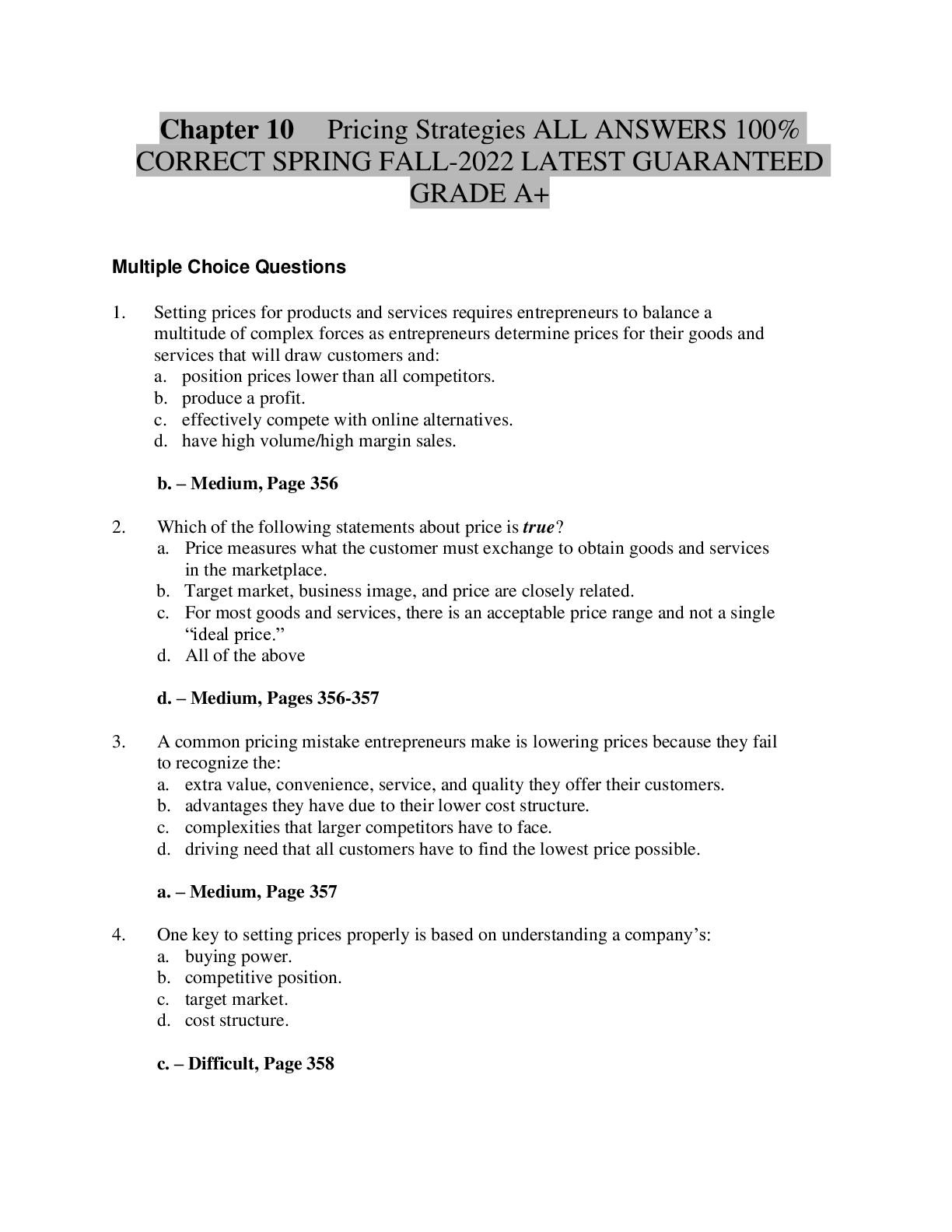 Preview image for Chapter 10	Pricing Strategies ALL ANSWERS 100% CORRECT SPRING FALL-2022 LATEST GUARANTEED GRADE A+